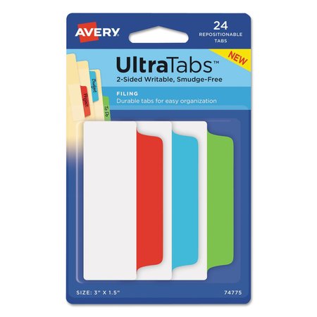 AVERY DENNISON Repositionabl Tabs, 3"x1.5", Rd/Gn/Bl, PK24 74775